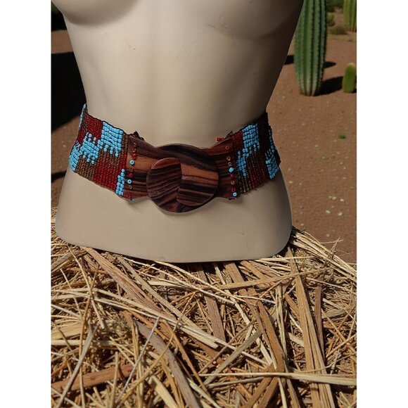 Wide Belt Stretch Blue Red Brown Beaded Boho Tribal Stretchy Wooden Buckle 28\
